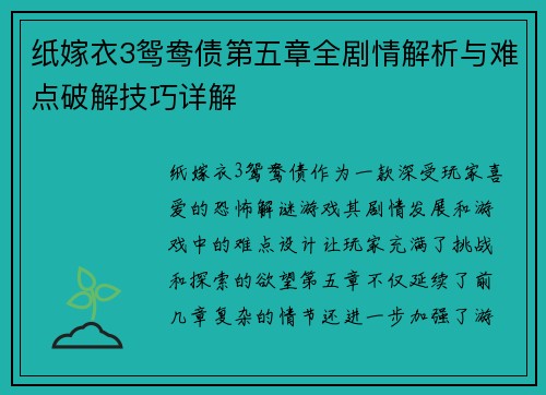 纸嫁衣3鸳鸯债第五章全剧情解析与难点破解技巧详解