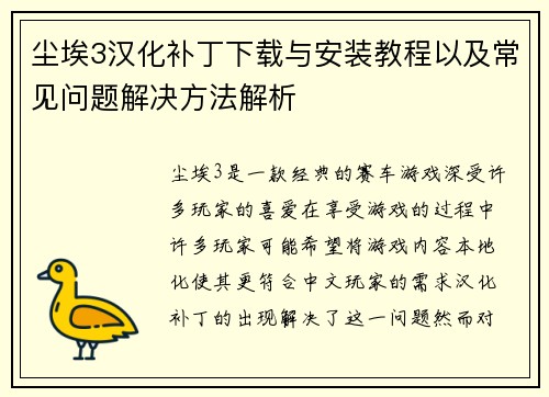 尘埃3汉化补丁下载与安装教程以及常见问题解决方法解析
