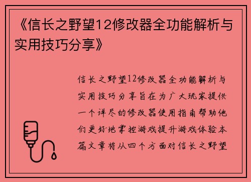 《信长之野望12修改器全功能解析与实用技巧分享》